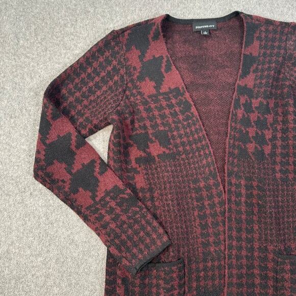 Fortune + Ivy Houndstooth Cardigan Sweaters Women's Small Burgundy/Black Long - Picture 3 of 7